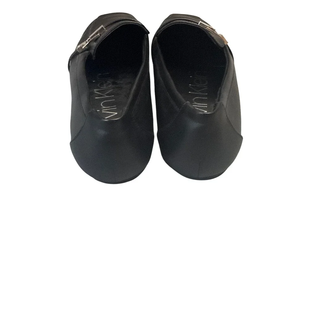 Calvin Klein Mens Black Leather Square Toe Loafers Silver CK Buckle Size 9M